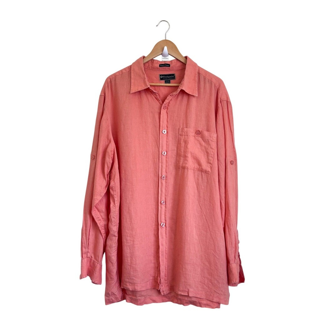 Weekender Mens 100% Linen Euro Summer Button Shirt 2XL Coastal Roll Tab Sleeve
